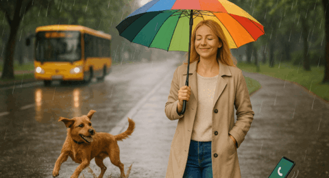Femme zen sous un parapluie.