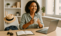Femme au bureau avec une tasse de café, ordinateur et agenda, chapeau de paille posé sur la chaise, symbole de rentrée sereine sans burnout.