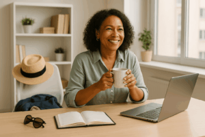 Femme au bureau avec une tasse de café, ordinateur et agenda, chapeau de paille posé sur la chaise, symbole de rentrée sereine sans burnout.