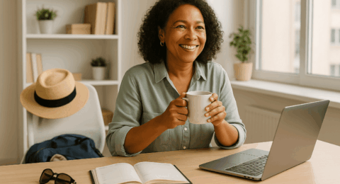 Femme au bureau avec une tasse de café, ordinateur et agenda, chapeau de paille posé sur la chaise, symbole de rentrée sereine sans burnout.
