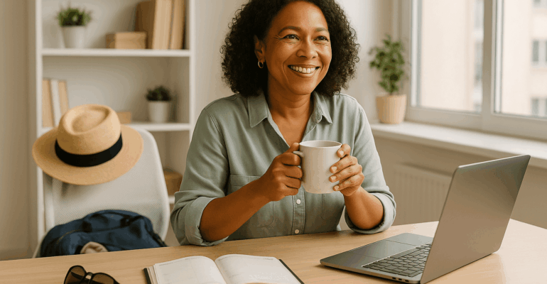 Femme au bureau avec une tasse de café, ordinateur et agenda, chapeau de paille posé sur la chaise, symbole de rentrée sereine sans burnout.