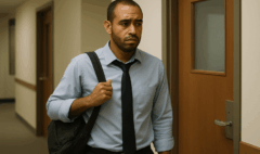 Homme en tenue de bureau debout dans un couloir d’entreprise, sac à l’épaule, regard hésitant devant une porte, songeant à l'abandon de poste pour dépression.