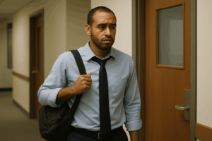 Homme en tenue de bureau debout dans un couloir d’entreprise, sac à l’épaule, regard hésitant devant une porte, songeant à l'abandon de poste pour dépression.