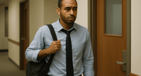 Homme en tenue de bureau debout dans un couloir d’entreprise, sac à l’épaule, regard hésitant devant une porte, songeant à l'abandon de poste pour dépression.