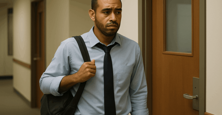 Homme en tenue de bureau debout dans un couloir d’entreprise, sac à l’épaule, regard hésitant devant une porte, songeant à l'abandon de poste pour dépression.
