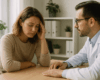 Consultation médicale, une femme fatiguée échange avec son médecin au sujet d’un arrêt de travail pour burn out.