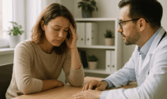 Consultation médicale, une femme fatiguée échange avec son médecin au sujet d’un arrêt de travail pour burn out.
