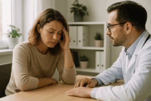 Consultation médicale, une femme fatiguée échange avec son médecin au sujet d’un arrêt de travail pour burn out.