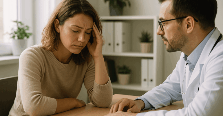 Consultation médicale, une femme fatiguée échange avec son médecin au sujet d’un arrêt de travail pour burn out.