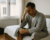 Homme assis sur son lit en peignoir, la main sur le front, illustrant le sentiment je ne veux plus travailler lié au burn-out.