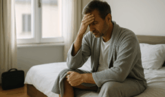 Homme assis sur son lit en peignoir, la main sur le front, illustrant le sentiment je ne veux plus travailler lié au burn-out.