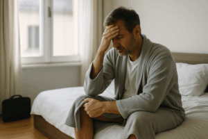 Homme assis sur son lit en peignoir, la main sur le front, illustrant le sentiment je ne veux plus travailler lié au burn-out.