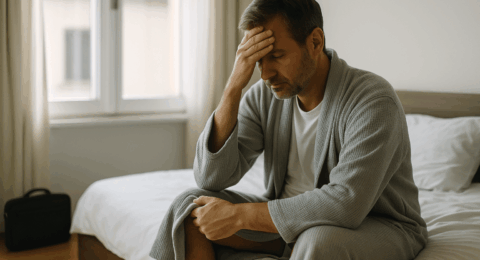 Homme assis sur son lit en peignoir, la main sur le front, illustrant le sentiment je ne veux plus travailler lié au burn-out.