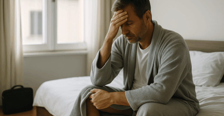 Homme assis sur son lit en peignoir, la main sur le front, illustrant le sentiment je ne veux plus travailler lié au burn-out.
