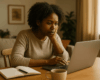 Femme à son domicile devant son ordinateur portable avec carnet et tasse de café, recherchant que faire en cas de burn out.