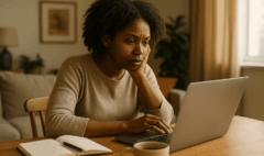 Femme à son domicile devant son ordinateur portable avec carnet et tasse de café, recherchant que faire en cas de burn out.