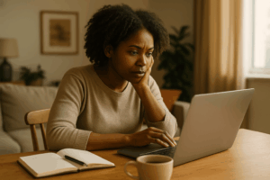 Femme à son domicile devant son ordinateur portable avec carnet et tasse de café, recherchant que faire en cas de burn out.