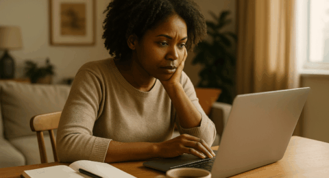 Femme à son domicile devant son ordinateur portable avec carnet et tasse de café, recherchant que faire en cas de burn out.