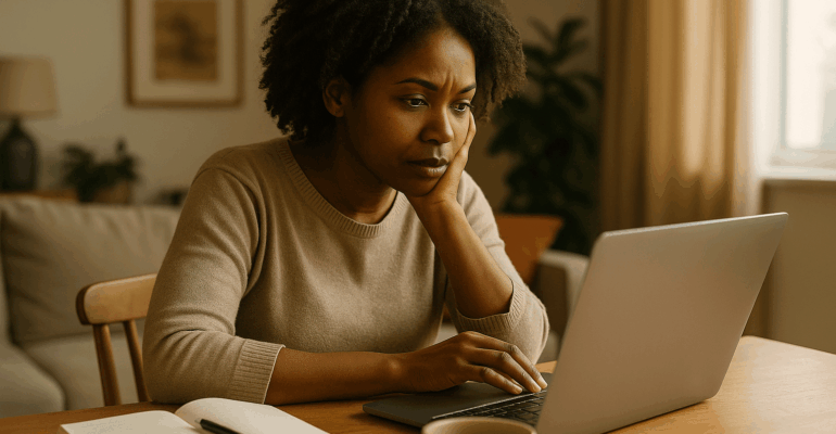 Femme à son domicile devant son ordinateur portable avec carnet et tasse de café, recherchant que faire en cas de burn out.