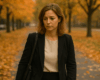 Femme en tenue professionnelle marchant dans un parc aux couleurs d’automne, fatiguée par le burnout d'automne