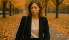 Femme en tenue professionnelle marchant dans un parc aux couleurs d’automne, fatiguée par le burnout d'automne