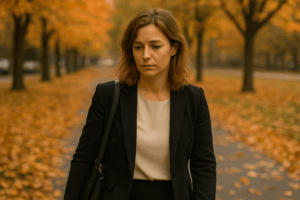 Femme en tenue professionnelle marchant dans un parc aux couleurs d’automne, fatiguée par le burnout d'automne
