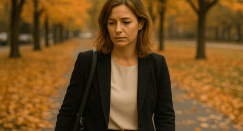 Femme en tenue professionnelle marchant dans un parc aux couleurs d’automne, fatiguée par le burnout d'automne