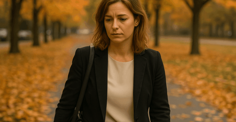 Femme en tenue professionnelle marchant dans un parc aux couleurs d’automne, fatiguée par le burnout d'automne