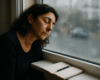 Femme assise près d’une fenêtre sous la pluie, les yeux fermés avec un carnet et un stylo, illustrant le burnout émotionnel.