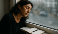 Femme assise près d’une fenêtre sous la pluie, les yeux fermés avec un carnet et un stylo, illustrant le burnout émotionnel.