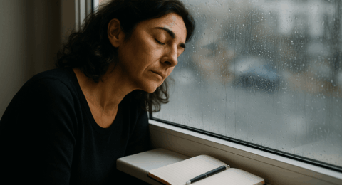 Femme assise près d’une fenêtre sous la pluie, les yeux fermés avec un carnet et un stylo, illustrant le burnout émotionnel.