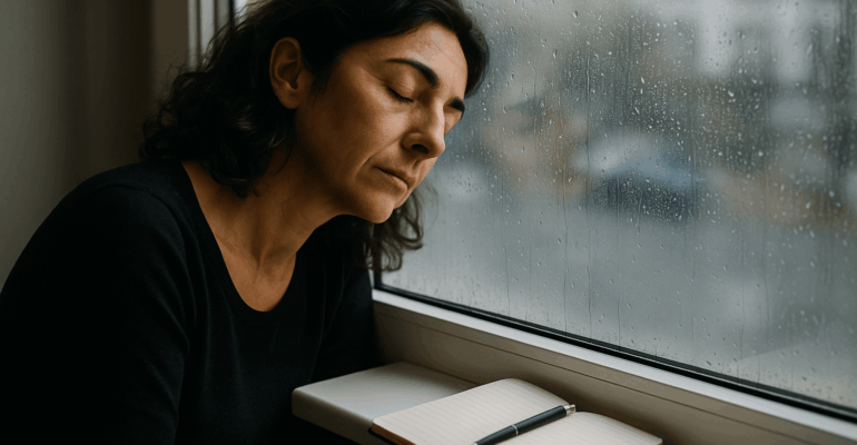 Femme assise près d’une fenêtre sous la pluie, les yeux fermés avec un carnet et un stylo, illustrant le burnout émotionnel.