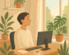 Illustration d’un homme apaisé travaillant dans un bureau lumineux entouré de plantes vertes, symbole de la reconstruction après burnout.