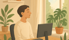 Illustration d’un homme apaisé travaillant dans un bureau lumineux entouré de plantes vertes, symbole de la reconstruction après burnout.