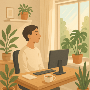 Illustration d’un homme apaisé travaillant dans un bureau lumineux entouré de plantes vertes, symbole de la reconstruction après burnout.