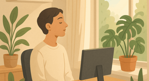 Illustration d’un homme apaisé travaillant dans un bureau lumineux entouré de plantes vertes, symbole de la reconstruction après burnout.