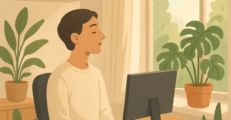 Illustration d’un homme apaisé travaillant dans un bureau lumineux entouré de plantes vertes, symbole de la reconstruction après burnout.