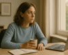 Femme assise à son bureau, yeux ouverts, tasse de café à la main et carnet posé devant elle, touchée par la dépression au travail.