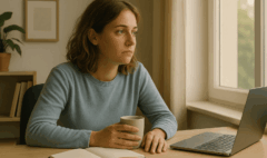 Femme assise à son bureau, yeux ouverts, tasse de café à la main et carnet posé devant elle, touchée par la dépression au travail.