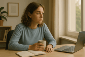 Femme assise à son bureau, yeux ouverts, tasse de café à la main et carnet posé devant elle, touchée par la dépression au travail.