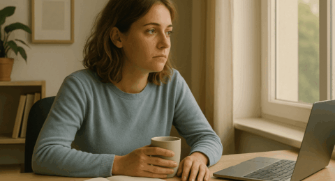 Femme assise à son bureau, yeux ouverts, tasse de café à la main et carnet posé devant elle, touchée par la dépression au travail.