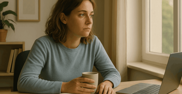 Femme assise à son bureau, yeux ouverts, tasse de café à la main et carnet posé devant elle, touchée par la dépression au travail.