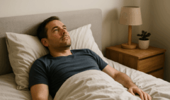 Homme allongé dans son lit fixant le plafond, souffrant d'asthénie à cause du burnout.