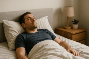 Homme allongé dans son lit fixant le plafond, souffrant d'asthénie à cause du burnout.