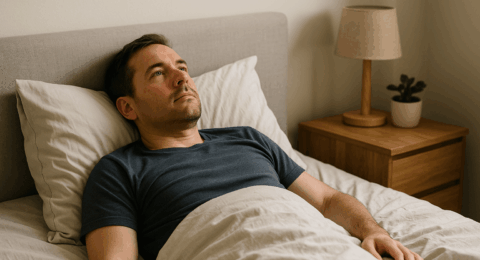 Homme allongé dans son lit fixant le plafond, souffrant d'asthénie à cause du burnout.