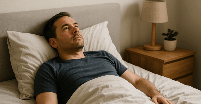 Homme allongé dans son lit fixant le plafond, souffrant d'asthénie à cause du burnout.
