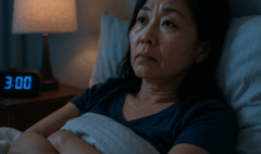 Femme allongée dans son lit, les yeux ouverts à 3 heures du matin, regard pensif, symbolisant les troubles du sommeil paradoxal liés au burnout.