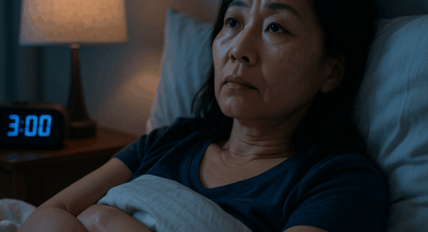 Femme allongée dans son lit, les yeux ouverts à 3 heures du matin, regard pensif, symbolisant les troubles du sommeil paradoxal liés au burnout.