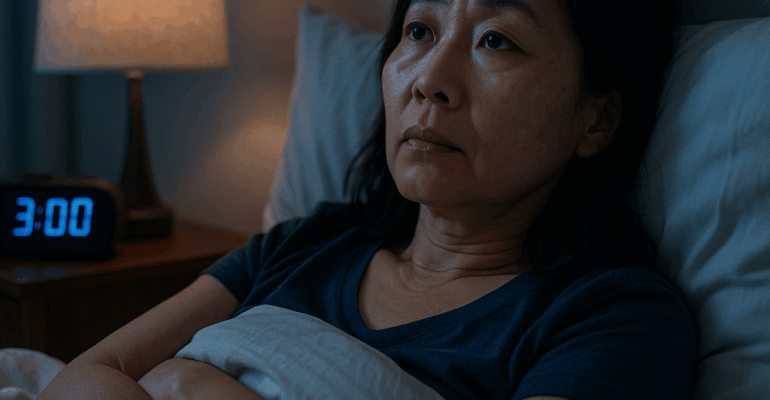 Femme allongée dans son lit, les yeux ouverts à 3 heures du matin, regard pensif, symbolisant les troubles du sommeil paradoxal liés au burnout.
