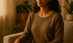 Femme assise calmement sur un canapé, les yeux fermés, entourée de lumière douce et de plantes, pratiquant le lâcher-prise et la détente pour prévenir le burnout.